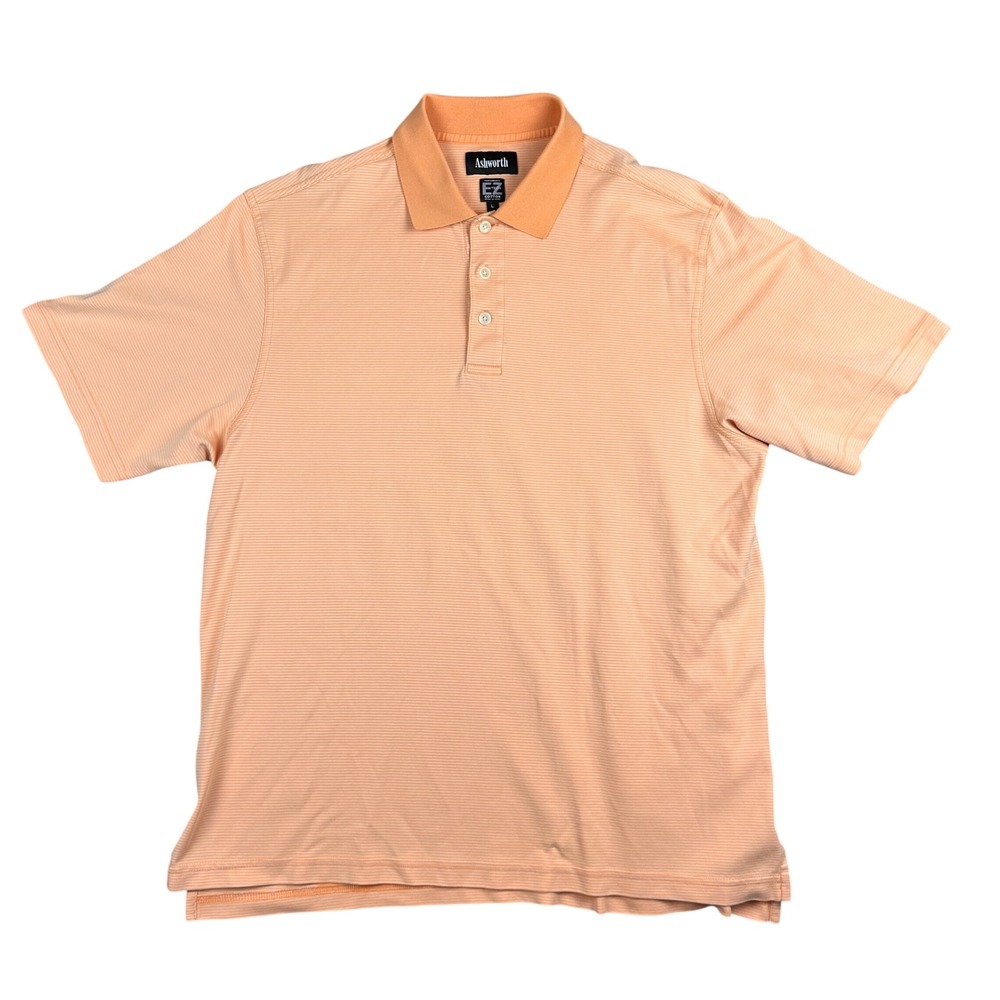 Ashworth Mens Large EZ Tech Pima Cotton Polo Shirt Peach Orange Striped Golf Tee